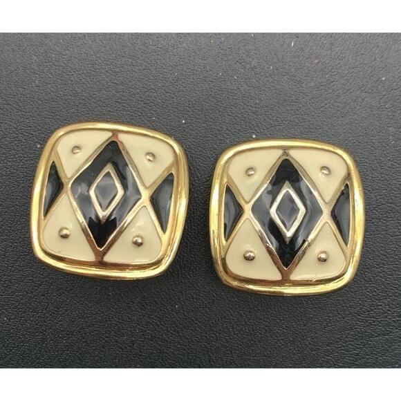 Vintage Premier Design Chunky Large Square Clip On Earrings Black & Cream Enamel - Picture 2 of 4